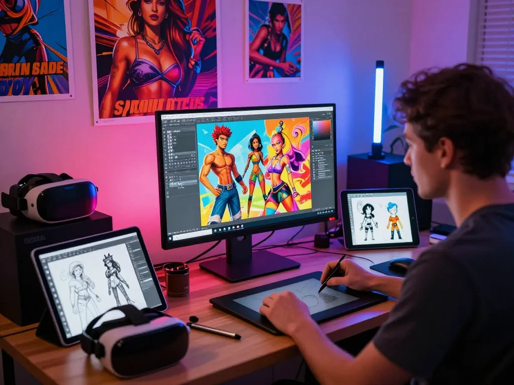 Artist creating AI porn content in a vibrant digital art studio with advanced tools.