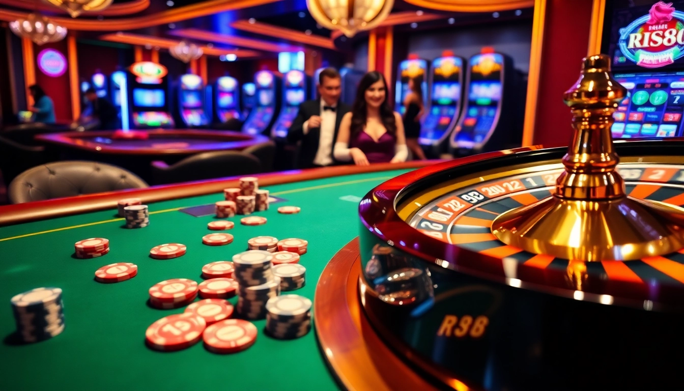 Excited gamblers engaging at the RR88 poker table with vibrant casino features.
