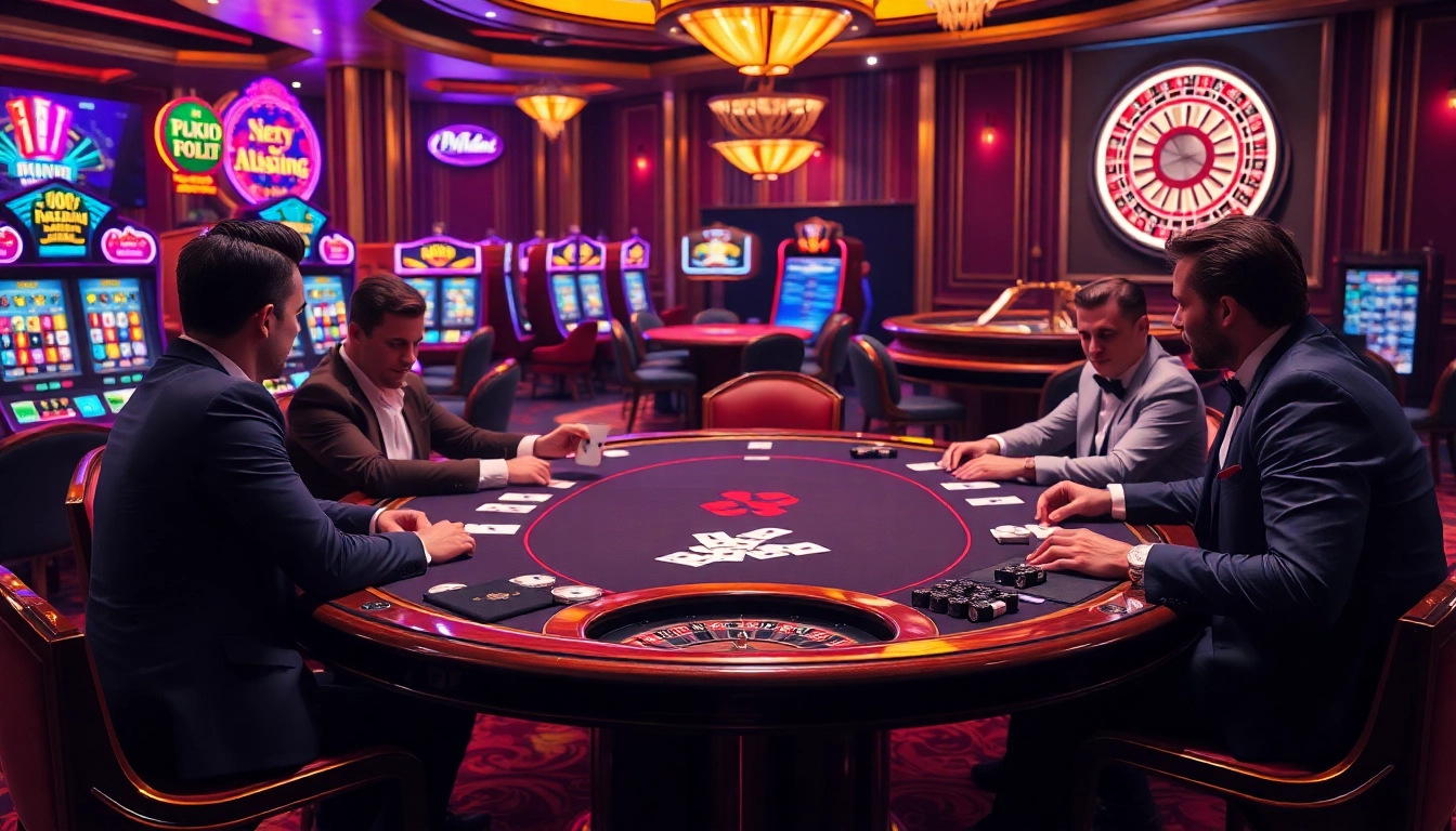 Experience thrilling gameplay at f168 with a vibrant casino atmosphere filled with poker tables and slot machines.
