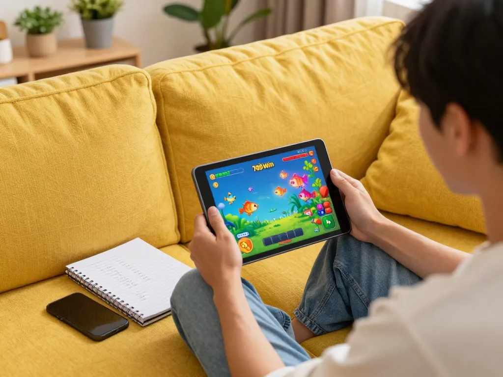 Play exciting fish shooting game with 789 win on tablet in a cozy home setting.