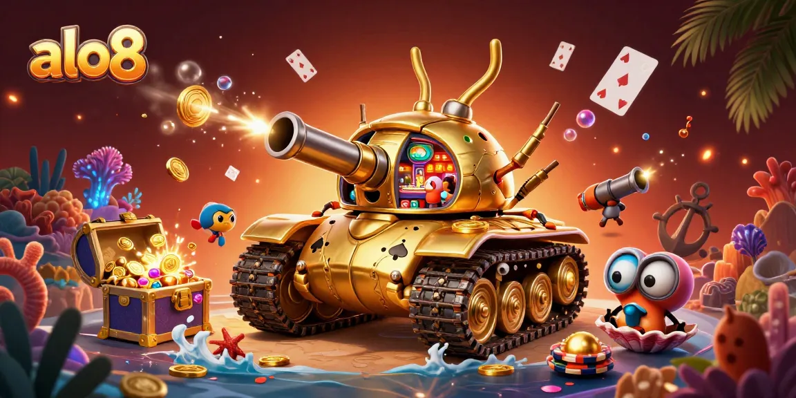 Experience thrilling gaming adventures at alo8 with a 3D golden casino tank illustration.