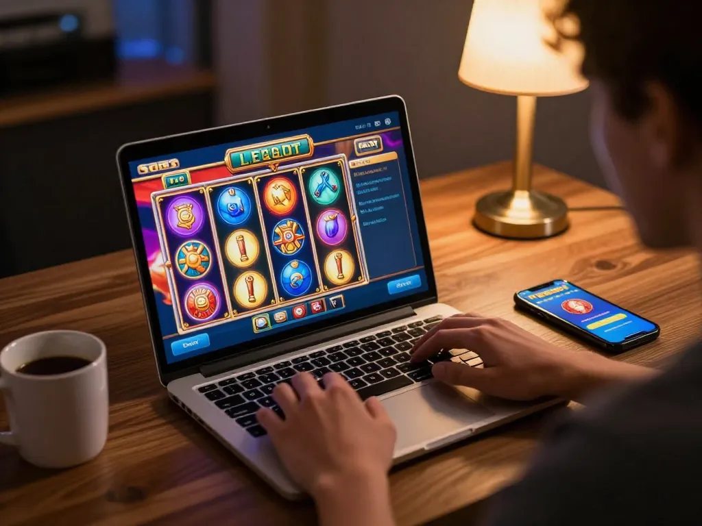 Engaging online gaming setup showcasing a free credit no deposit bonus on the laptop screen while a player interacts with vibrant slot games.