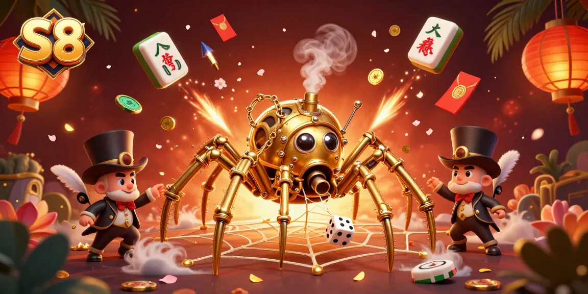 S8 enhances gaming excitement with a steampunk-themed casino scene featuring a web of fortune and amusing characters.