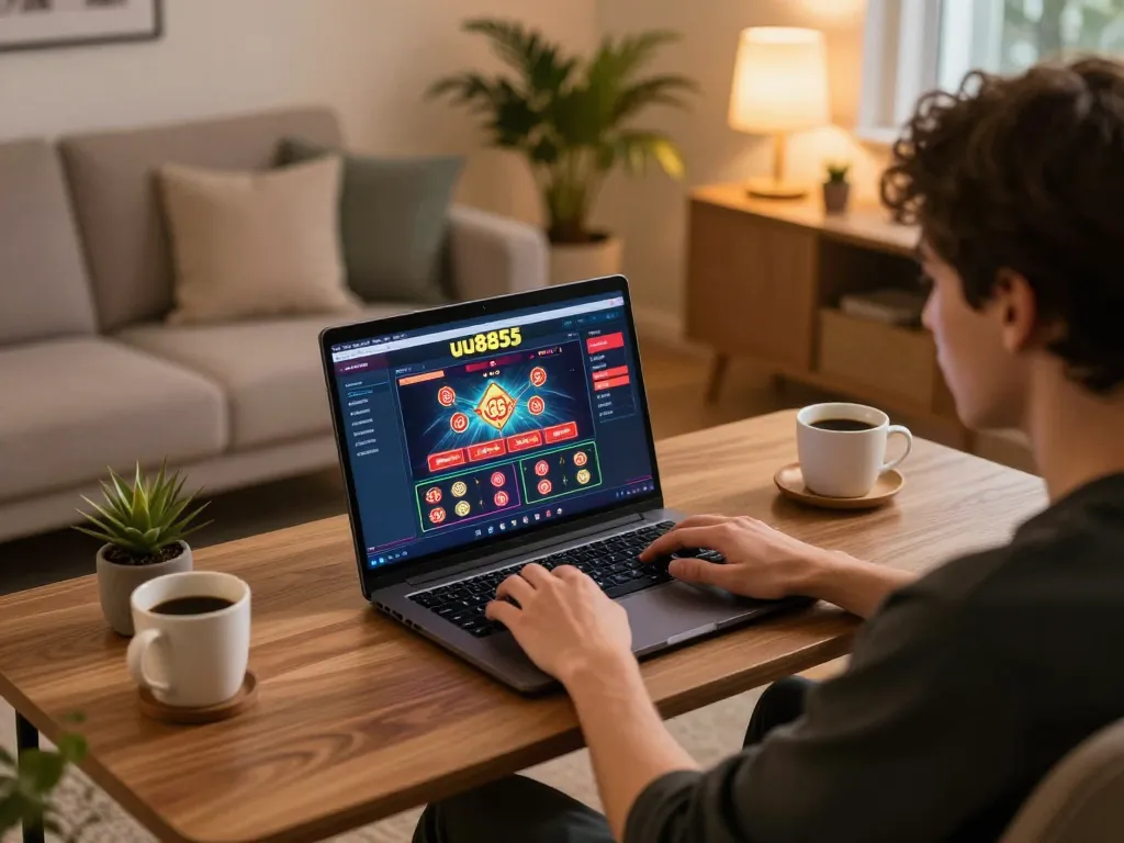 Player engaging with uu8855 online casino platform on laptop in a cozy home environment