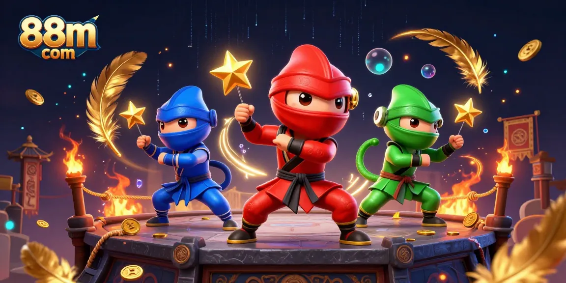 Engage in exciting gameplay with 88m com, featuring ninja chameleons in a vibrant casino battle scene.