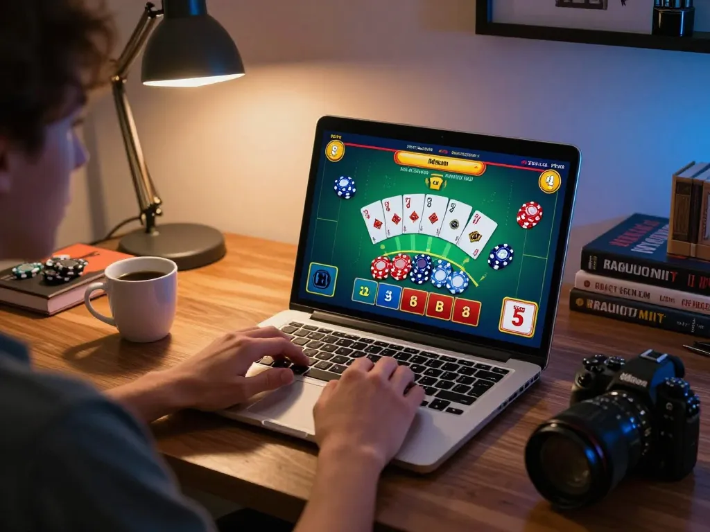 uu88 user analyzing blackjack strategies in a stylish home office environment