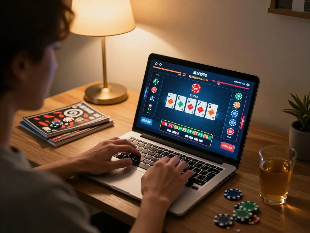 Engaged gamer enjoying Game bài đổi thưởng on a laptop, showcasing a cozy and strategic setting