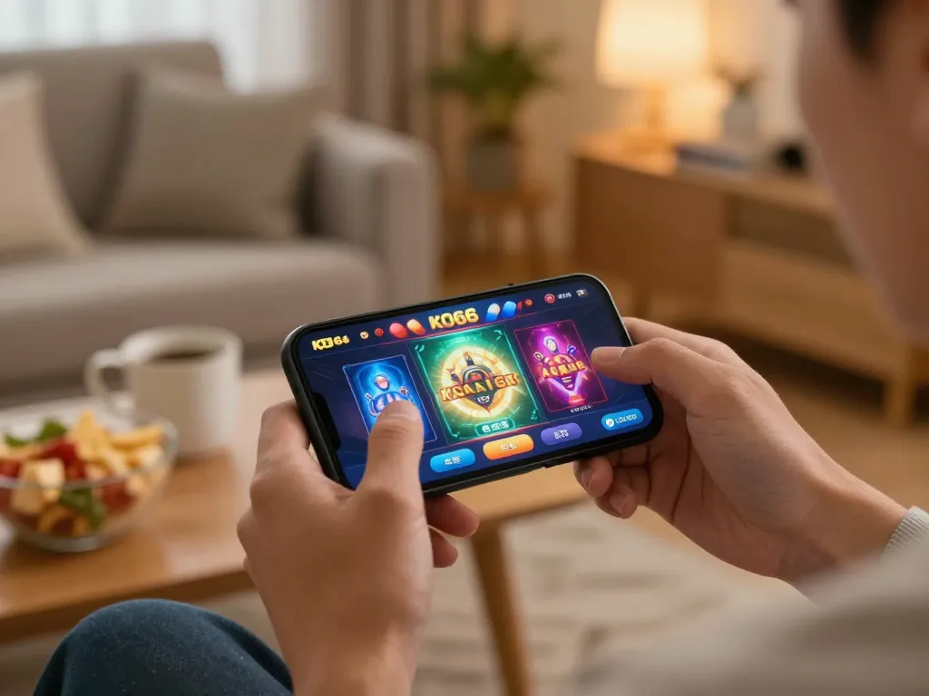 Người chơi sử dụng ứng dụng KO66 để chơi game di động trong một không gian ấm cúng tại nhà