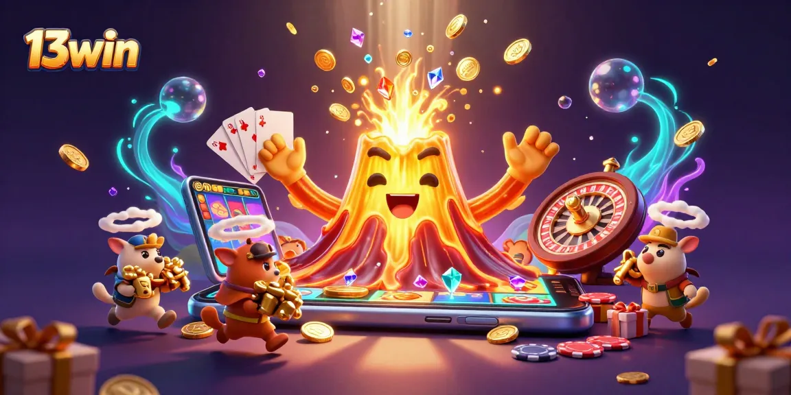 Experience thrilling excitement at 13win, where treasure erupts from the golden volcano in a vibrant casino scene.