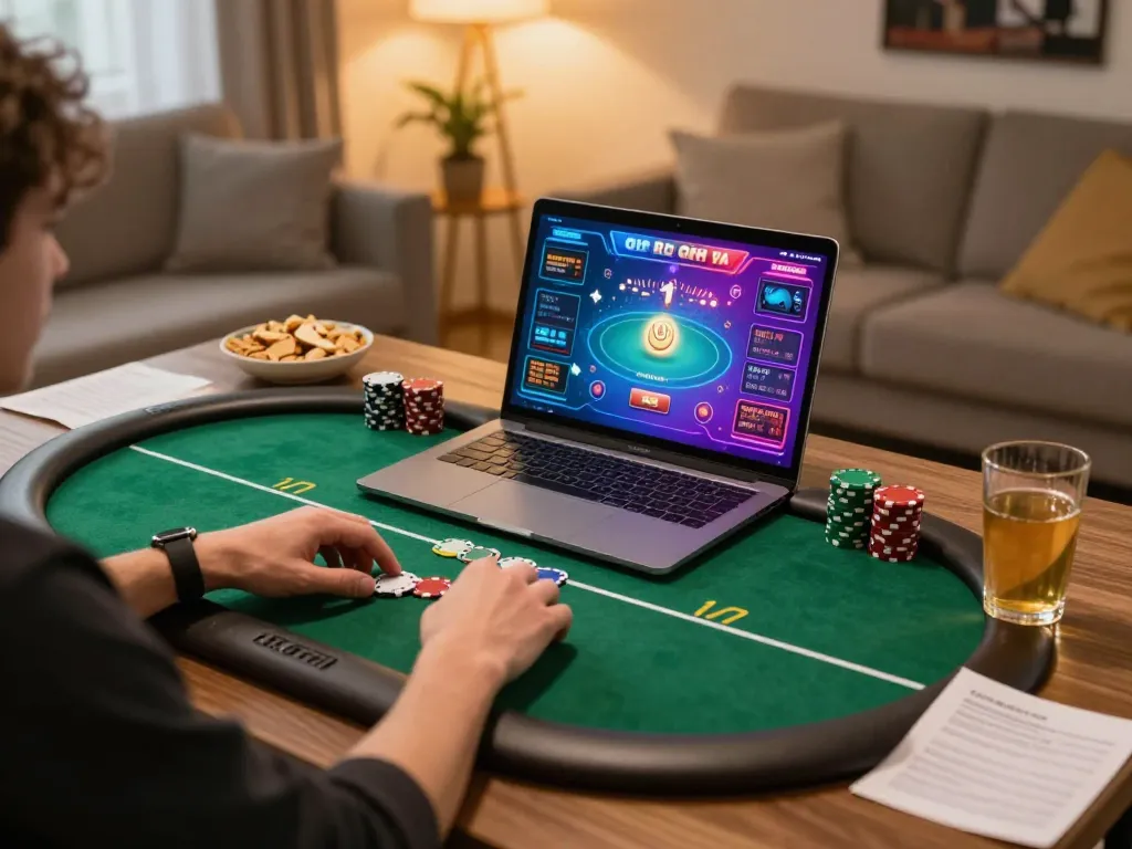 Engaged user enjoying 789WIN's online poker experience in a cozy home setup.