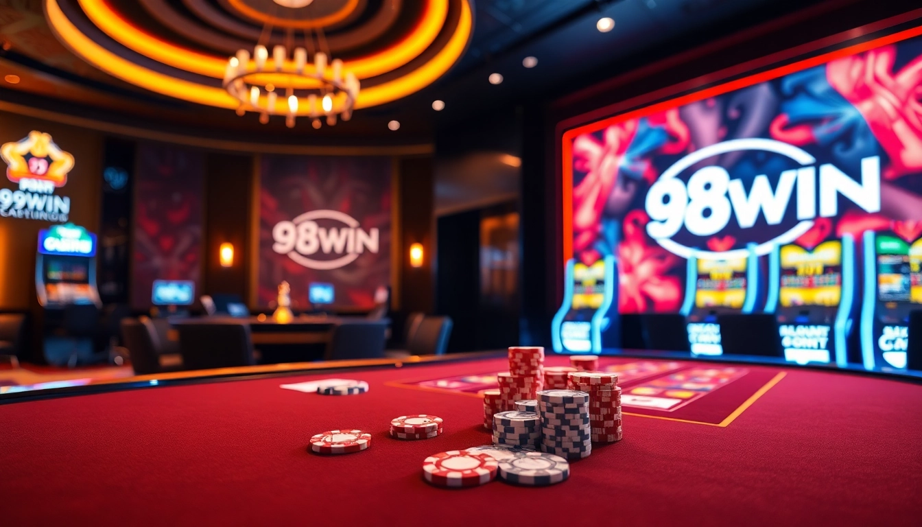 Experience thrilling online gambling at 98WIN with vibrant casino visuals, poker chips, and slot machines.