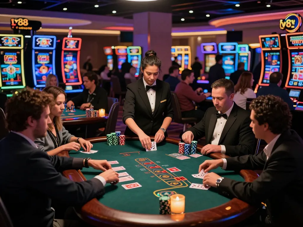 Players engaging in intense blackjack gameplay at lv88 casino under vibrant LED lights.