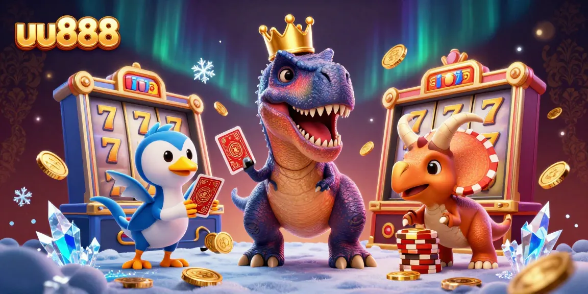 Experience thrilling gameplay with uu888 as cartoon T-Rex and friends shuffle cards and stack chips.