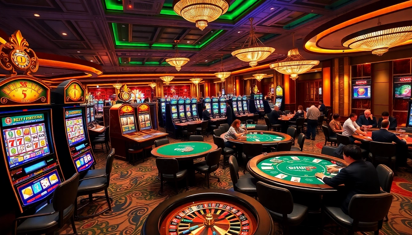 Experience the excitement of Mm88 in a luxurious casino with vibrant gaming tables and thrilling slot machines.