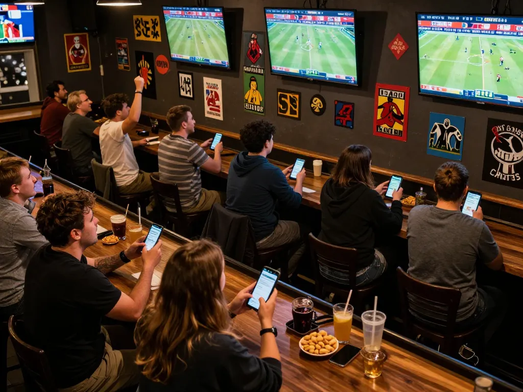 Engaged BET168 players placing bets during live sports events in a vibrant bar setting.