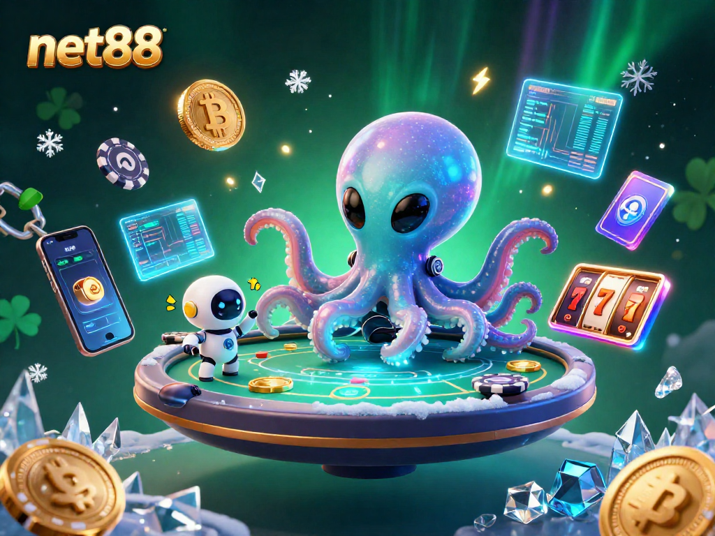 Engage with net88 in a vibrant cosmic casino scene featuring alien characters and crypto elements.