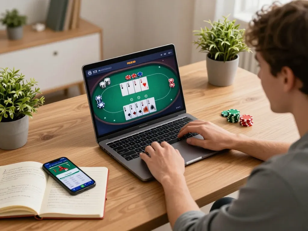 Person enjoying online poker through tr88 platform while managing bankroll and strategies at home.