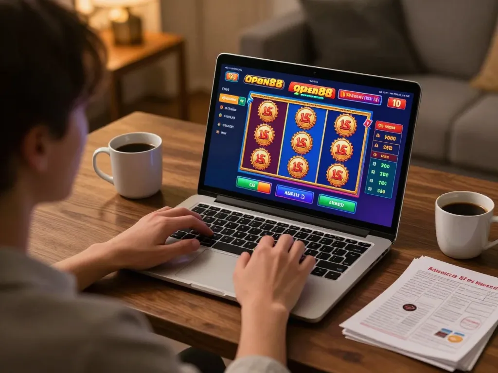 Engaging in online gaming at open88, showcasing vibrant interface and cozy surroundings.