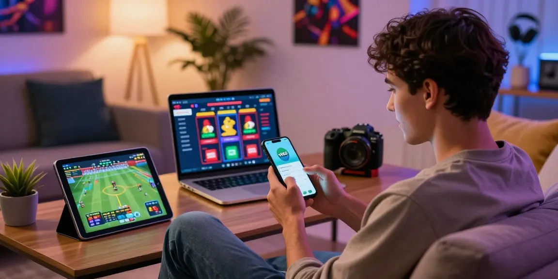 xoso66 app đăng nhập user engaging with smartphone in vibrant home setting, surrounded by gaming devices and cozy atmosphere.
