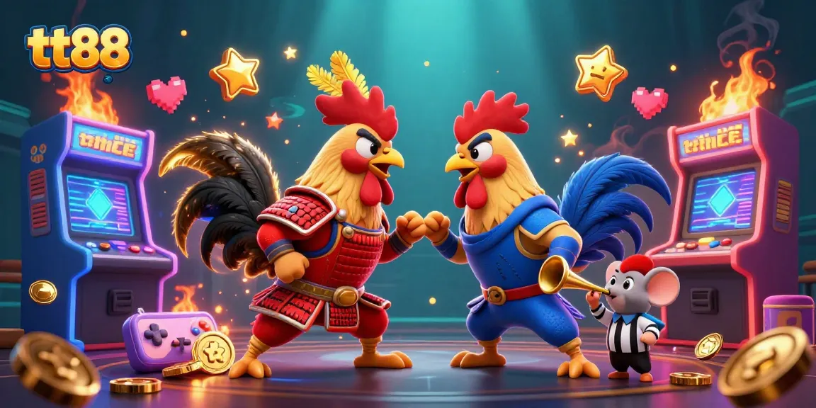Experience the excitement of tt88 with dynamic 3D cartoon fighting roosters in a lively casino setting.