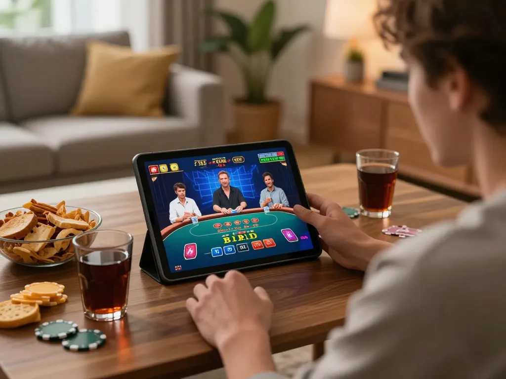 Player engaging in live dealer games on 23Win tablet, enjoying a cozy home atmosphere with snacks.
