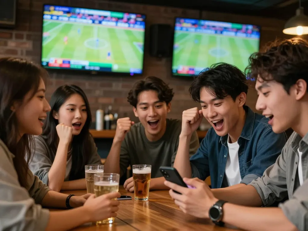 Tỷ lệ kèo nhà cái hôm nay showcased during a lively sports betting night at a bar with friends checking odds.