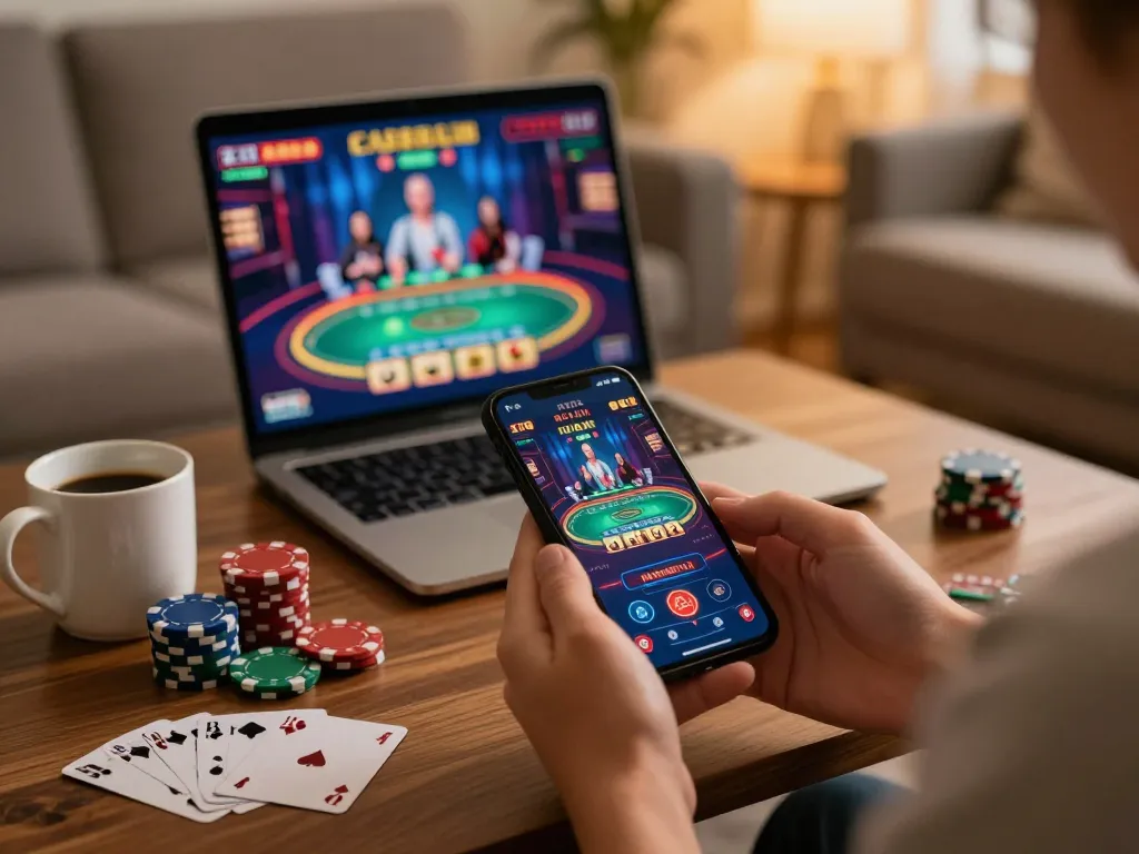 Player using 789WIN app for online casino gaming in a cozy home setting.