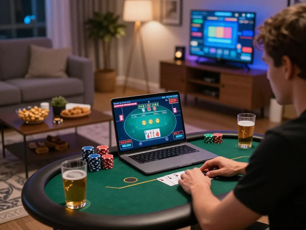 Player enjoying online poker at home using gi8 platform with strategic betting and relaxed atmosphere