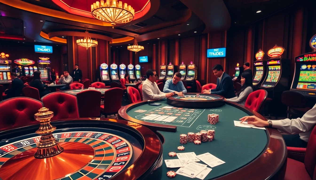 The excitement of gambling at https://thabet1.net/ with players engaged in poker and roulette.
