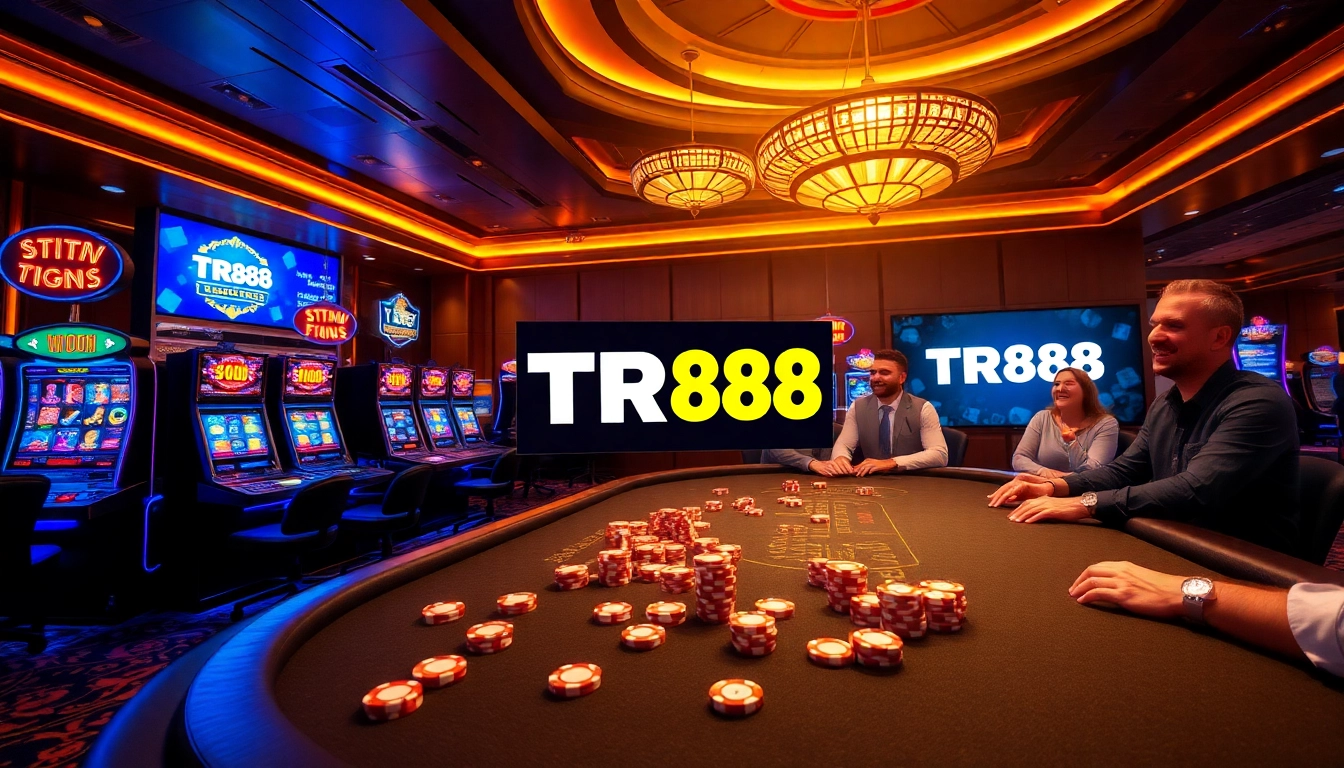 Experience the thrill of online gambling with TR88 at a glamorous casino setup featuring vibrant games.