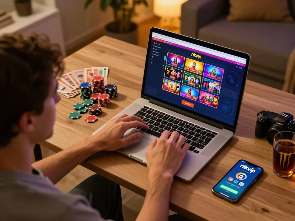 Engaged player using laptop for rikvip online casino gaming in a cozy home setup