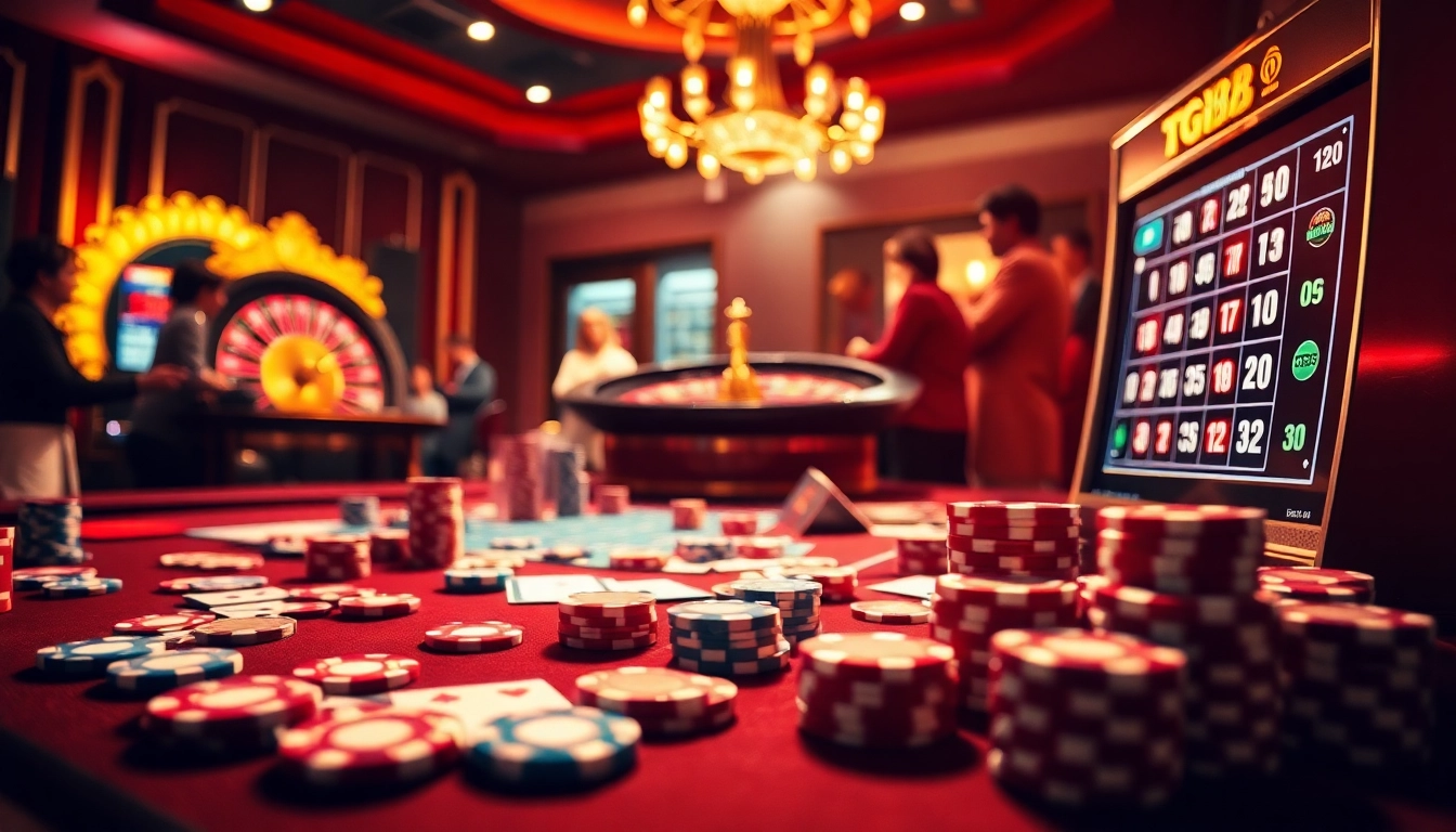 TG88 gaming excitement with vibrant poker chips and colorful slot machines in a luxury casino.