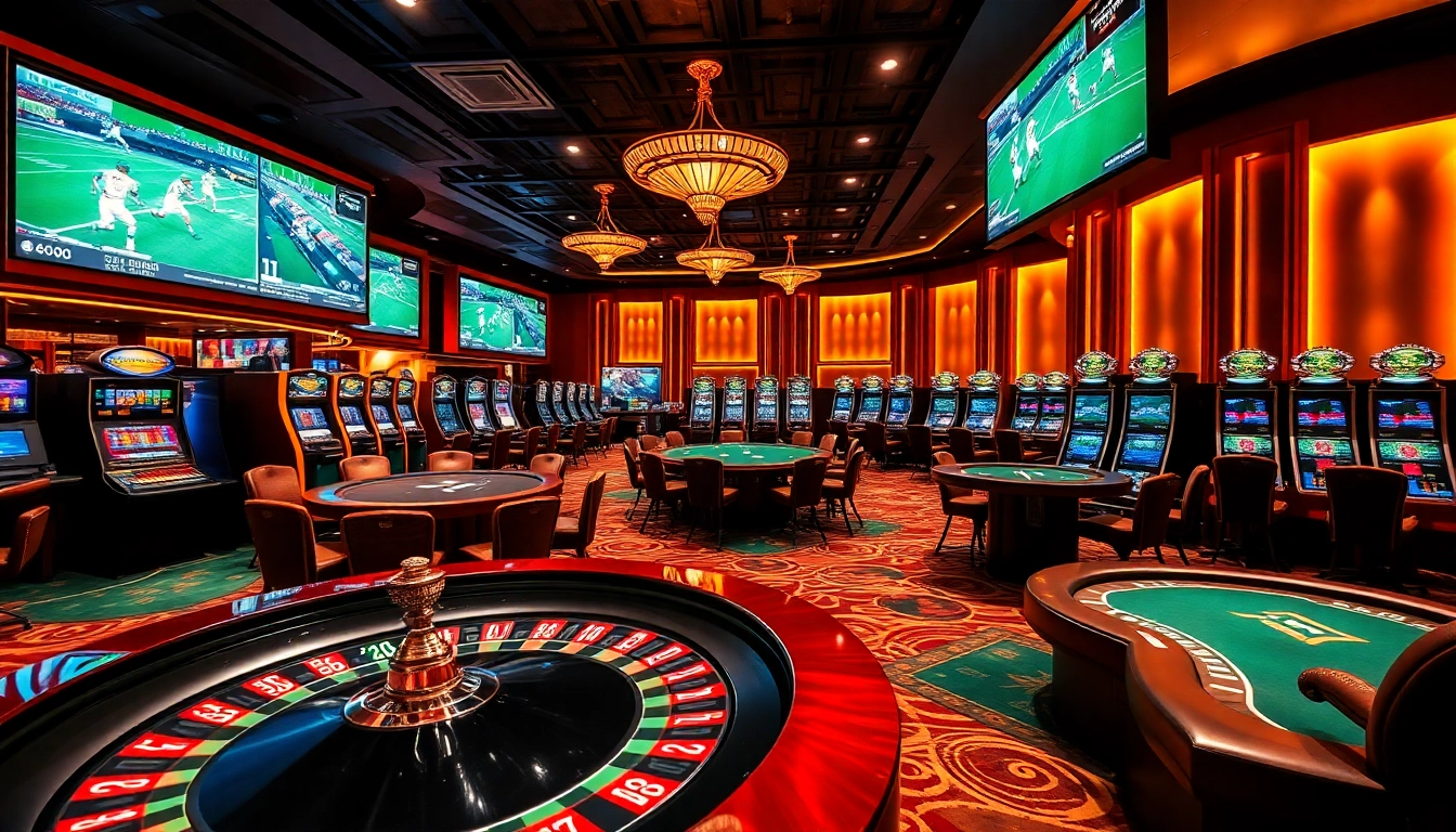 Experience the thrill of betting at https://co88us.net/, showcasing a luxury casino with poker tables and slot machines.
