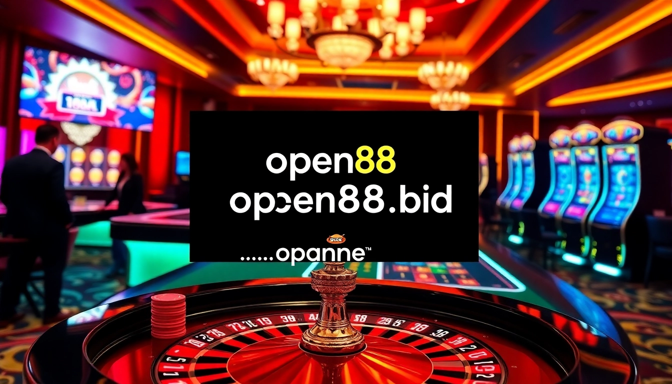 Players enjoying various games at https://open88.bid/, including roulette and slot machines, in a luxurious casino ambiance.