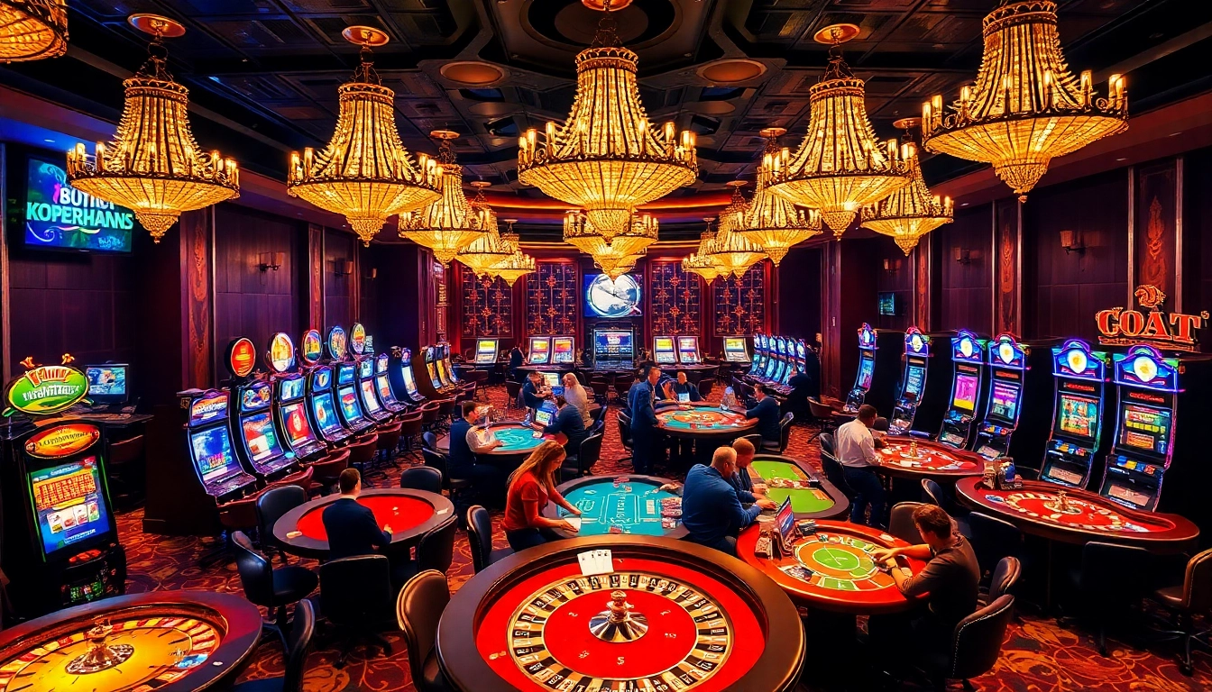 Exciting gaming action at https://luck8.media/ featuring a vibrant casino atmosphere with tables and slot machines.