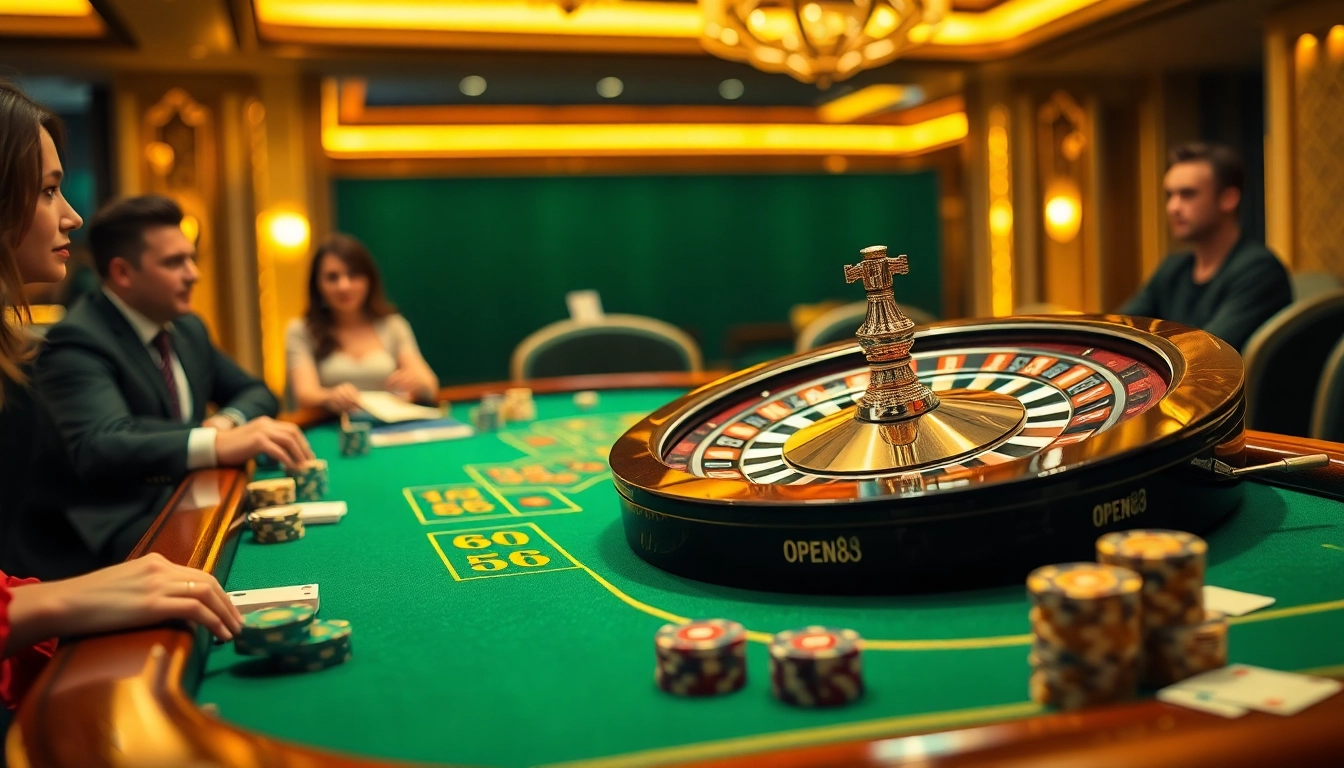 Experience the thrill at the OPEN88 gaming table with luxury poker chips and a spinning roulette wheel.