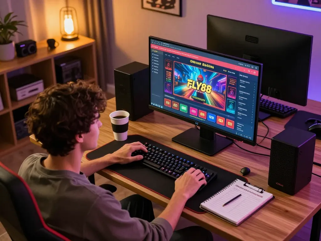 Engaging with FLY88 online casino on a cozy gaming setup with strategy notepad.