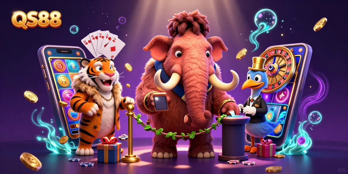 Experience exciting gaming at QS88 with a vibrant casino scene featuring unique characters and slot games.