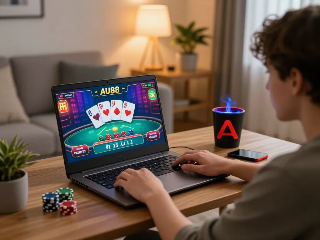 Person enjoying an online casino gaming session on Au88, showing poker hands on a laptop.