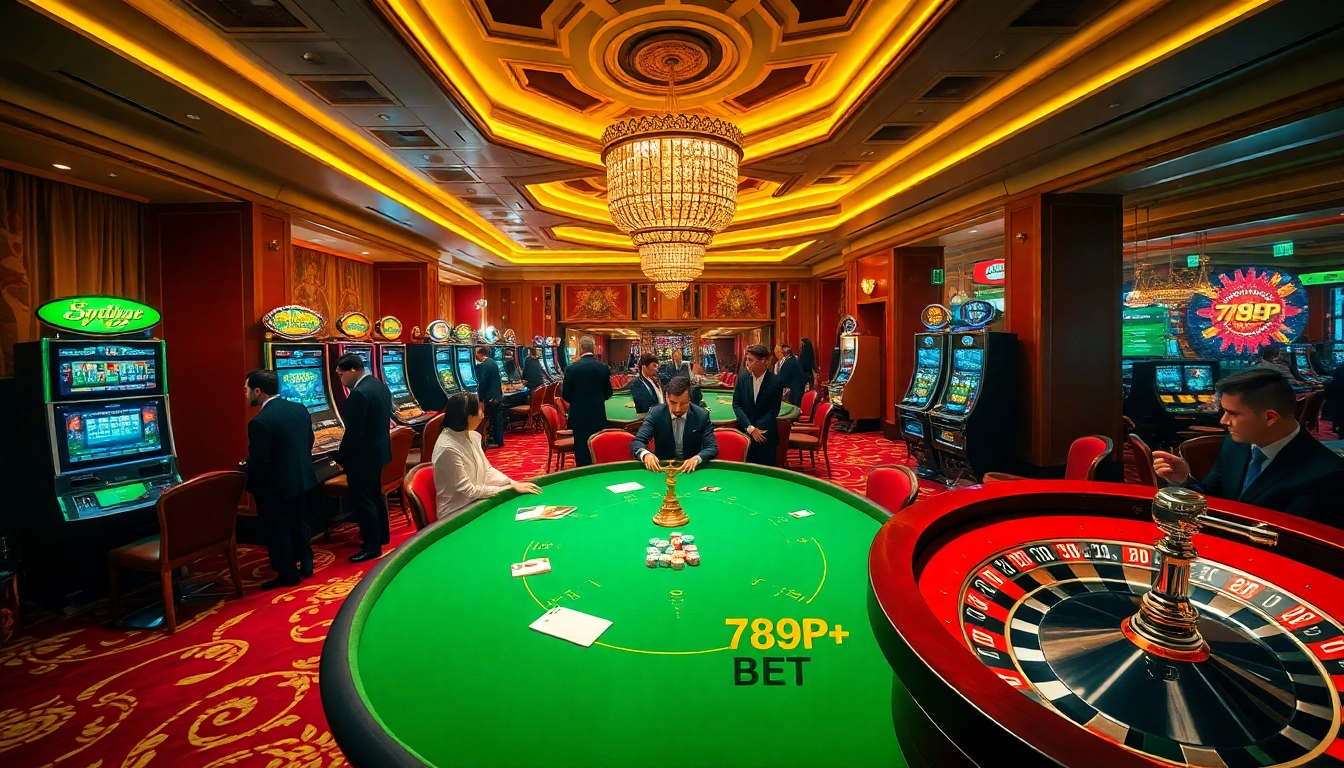 Experience the thrill of 789P BET with vibrant casino visuals featuring poker games and exciting gambling action.