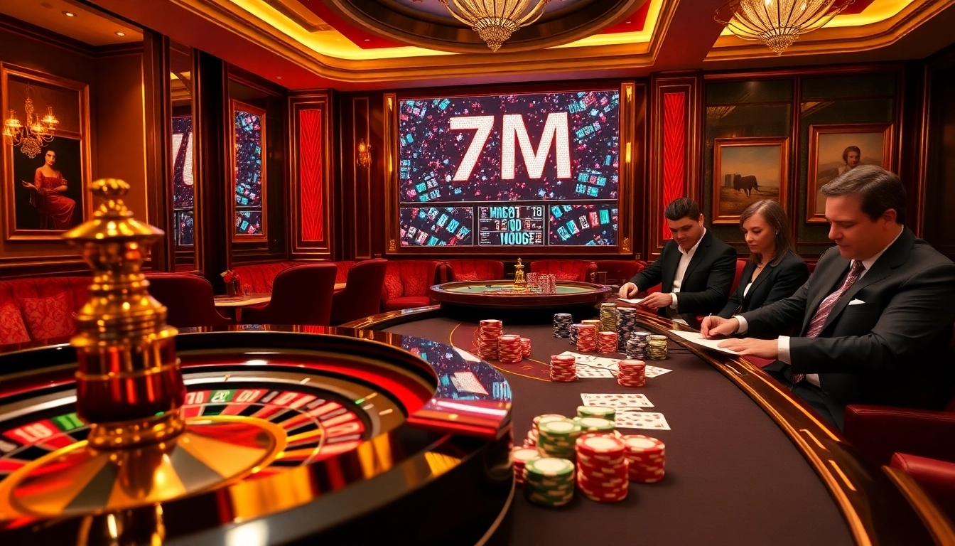 Players enjoying exciting moments at the casino with 7M-themed displays and vibrant poker chips.