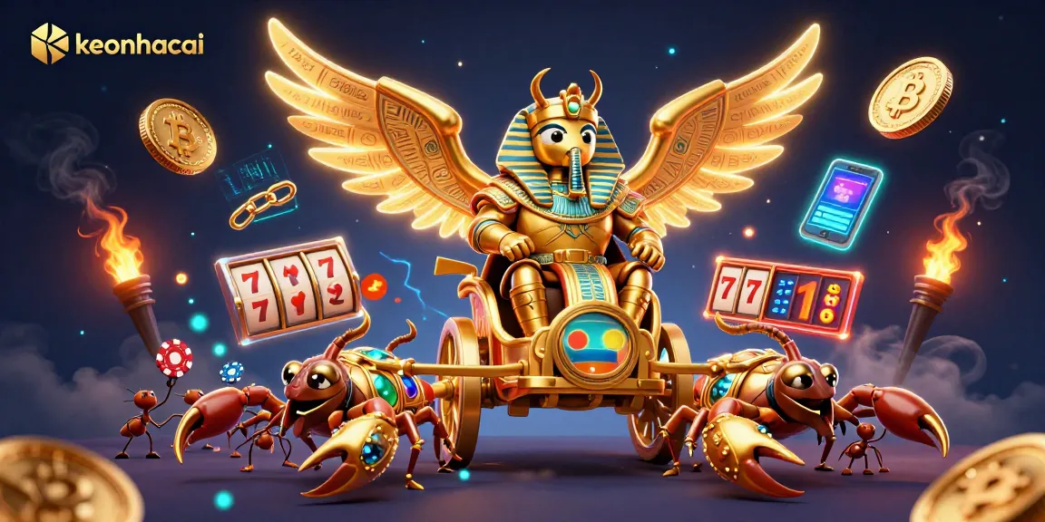 Participate in keonhacai with a vibrant casino scene illustrating a pharaoh-inspired chariot and slot elements.