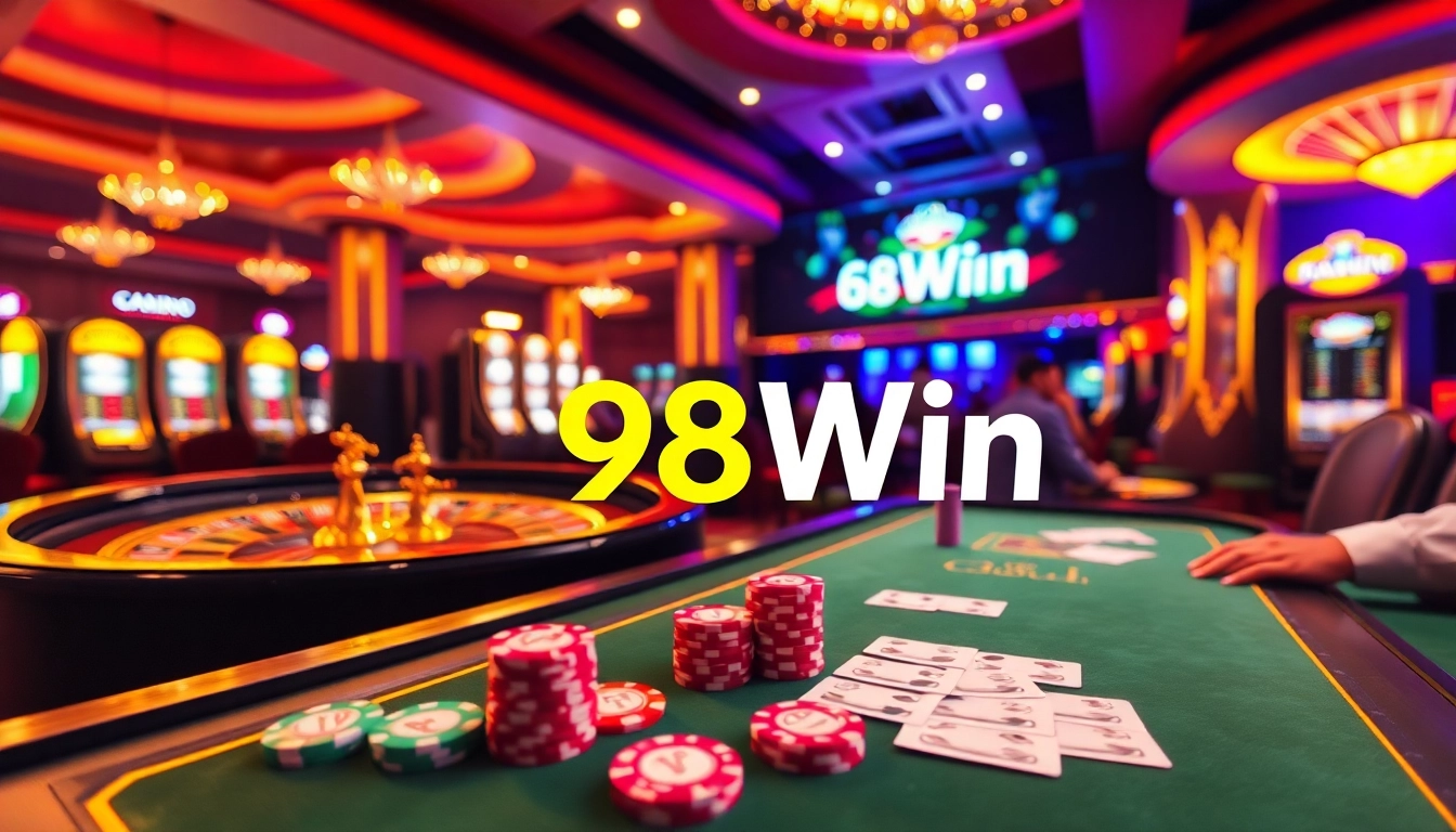 Experience the excitement of 98Win with vibrant casino visuals showcasing poker and roulette.