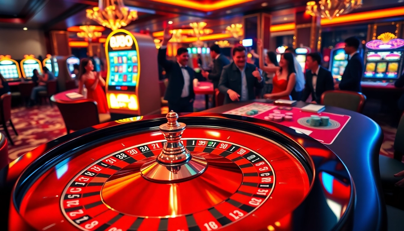 Experience the thrill of BJ88 at a luxurious casino, showcasing poker chips and roulette excitement.