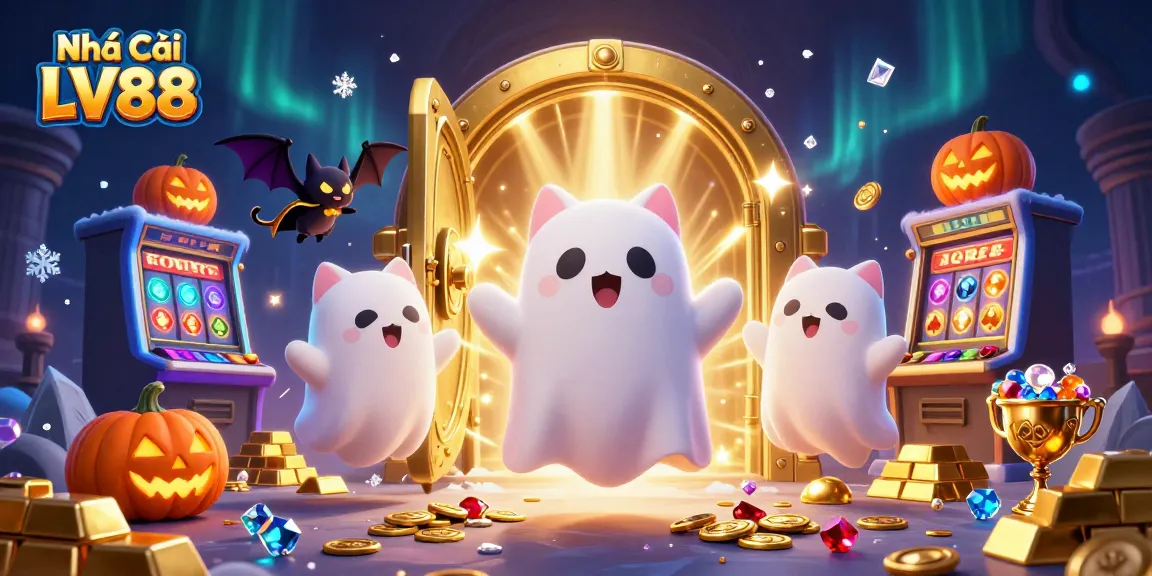 Engage with Nhà Cái LV88 as friendly ghost cat explores an exciting haunted casino adventure.