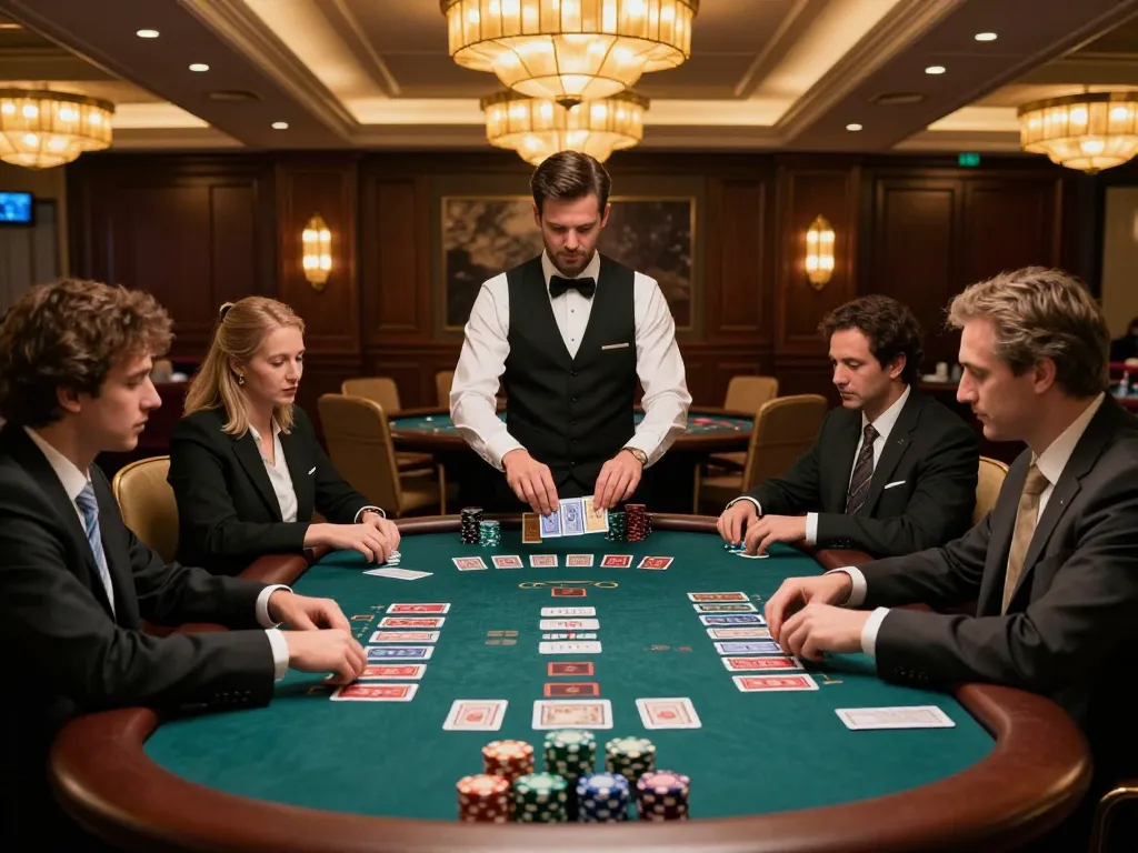 Players engage in strategic blackjack gameplay at a vb88 casino table, cards in action under soft golden lighting.