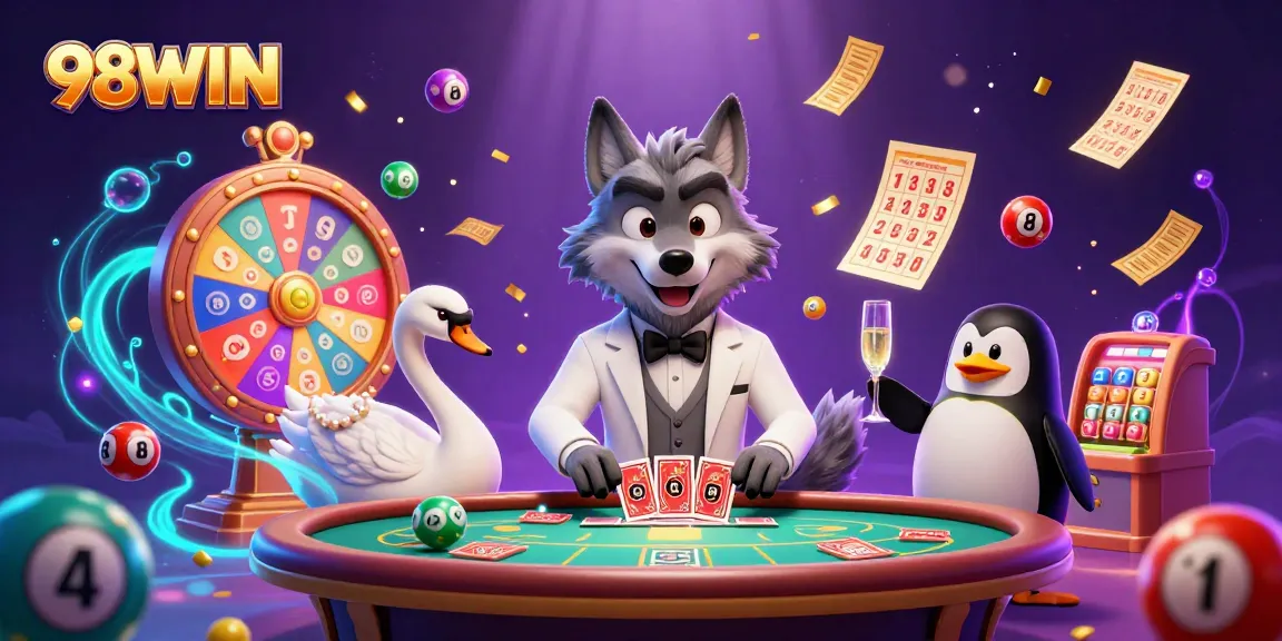 Engage with thrilling games at 98WIN, featuring playful characters amid vibrant casino elements.