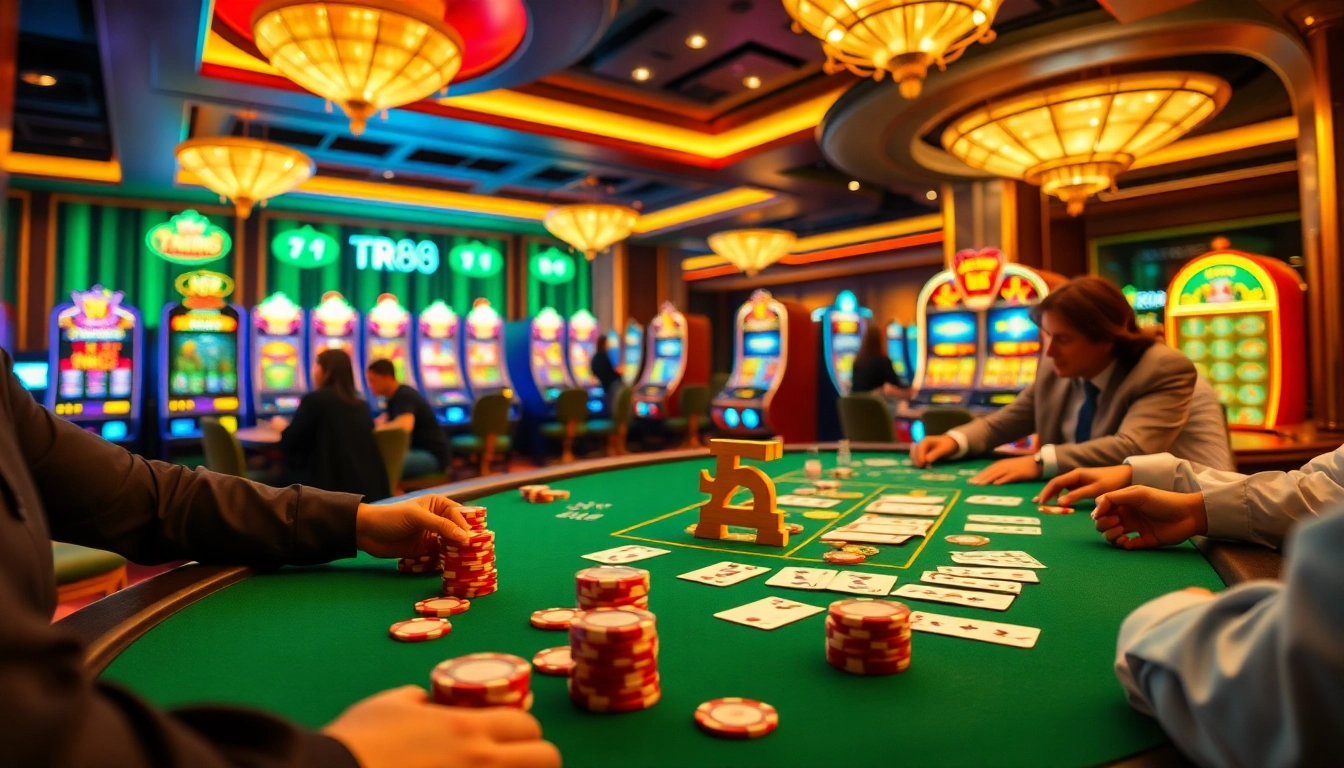 Players enjoying a thrilling game at TR88 casino, surrounded by vibrant chips and cards.