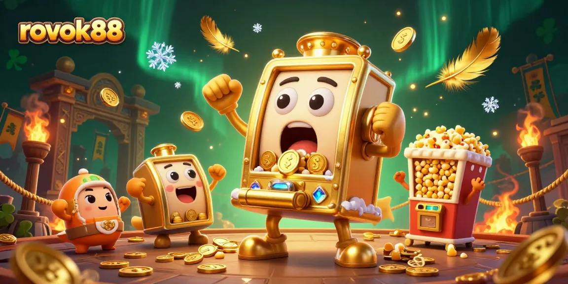 rokok88 slot machine surprises with jackpot, cascading coins and cheering companions in vibrant casino scene