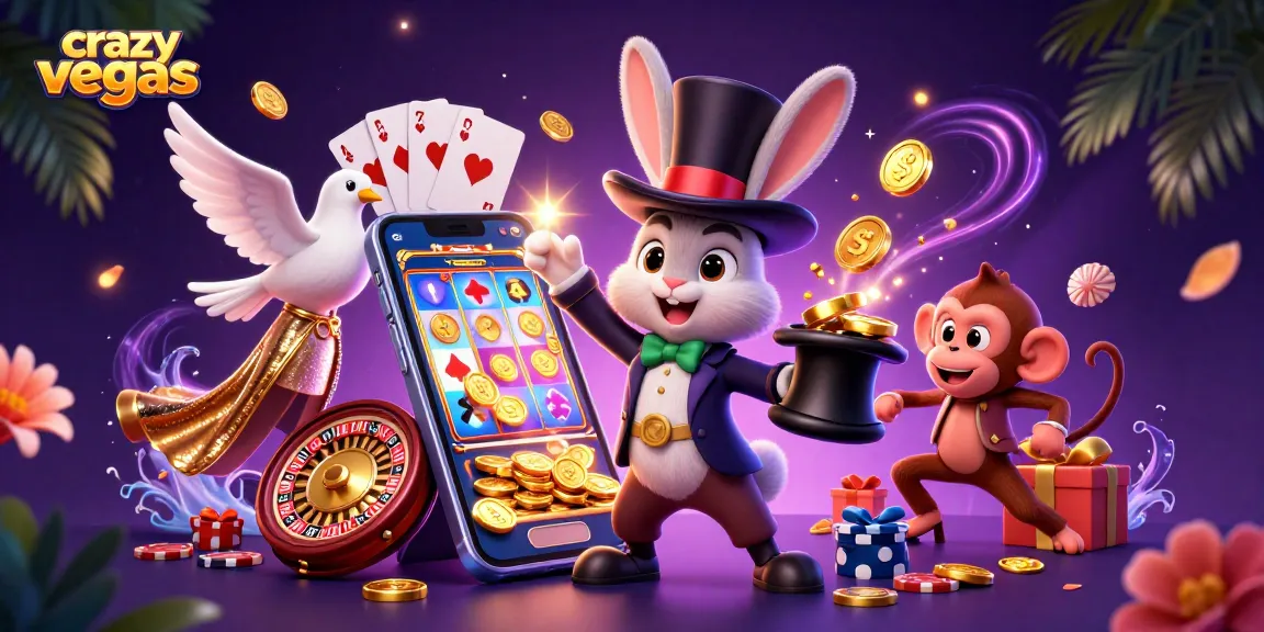 Experience the thrill of crazyvegas with a dynamic 3D casino scene featuring a magician rabbit, dove, and monkey.